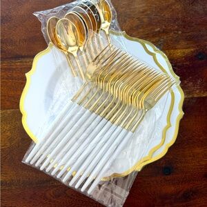 A bundle of gold & while disposable & recyclable tableware!